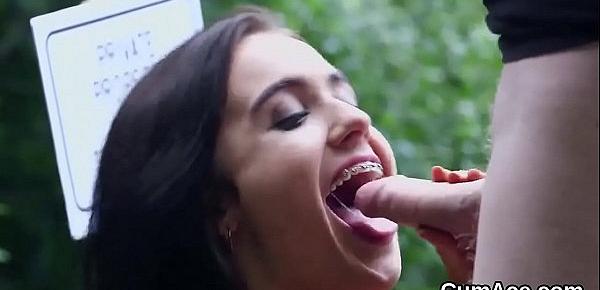 Horny sex kitten gets sperm load on her face eating all the juice